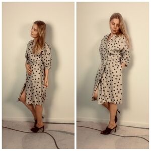 Vintage Hanae Mori Midi Dress Size  12 Polka Dots 100% Linen Kimono Sleeve Lined